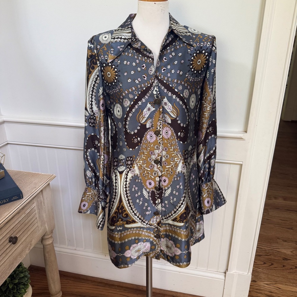 Anna Paul 100% Silk Paisley Mini Dress Tunic Blue Brown Boho Made in USA Medium